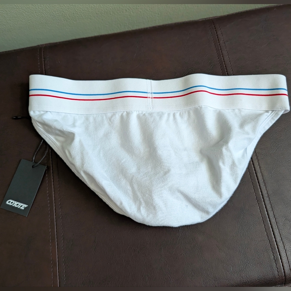 White Men’s Brief with Red & Blue Waistband - Picture 2 of 2